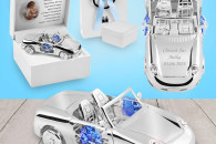 Srebrne Auto Niebieskie - pamiątka na chrzest,r